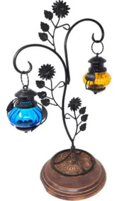 Attractive Glass With Metal Candle Stand Lantern (Yellow & Blue) - WoodenTwist